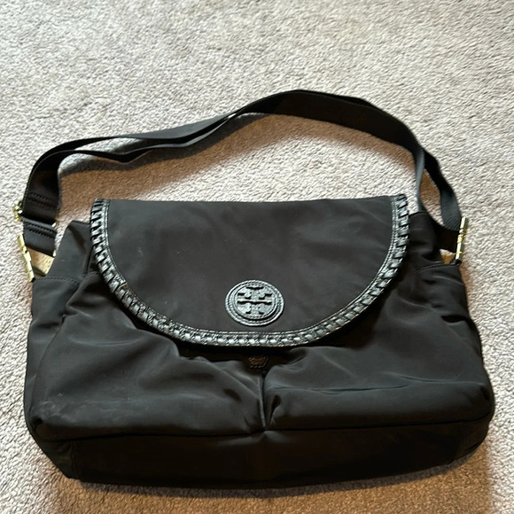 TORY BURCH Leather Trim Monogram Lining Messenger Crossbody Bag LARGE EUC - Picture 1 of 9